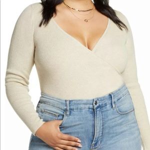 Leith Cream Ribbed V-Neck Wrap Sweater
